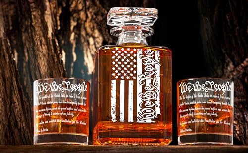 Whiskey Decanter Engraved We The People American Flag Decanter Set with 2 Glasses for Liquor Scotch Bourbon or Wine (3 Count)