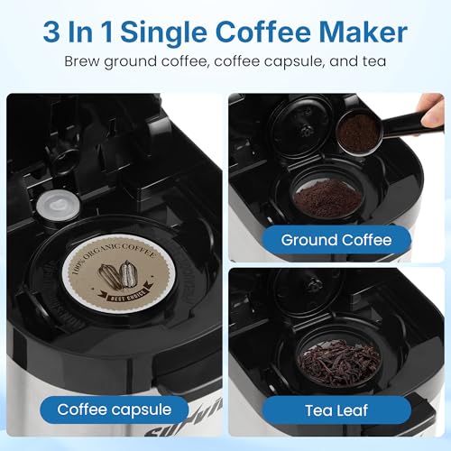 3-in-1 Single Serve Coffee Machine Brewer for K Pod Pods, Ground Coffee, and Teas, Iced Coffee Maker with Removable Water Reservoir 6 to 14oz, 2 Cup Trays, Self-Cleaning Function - Black