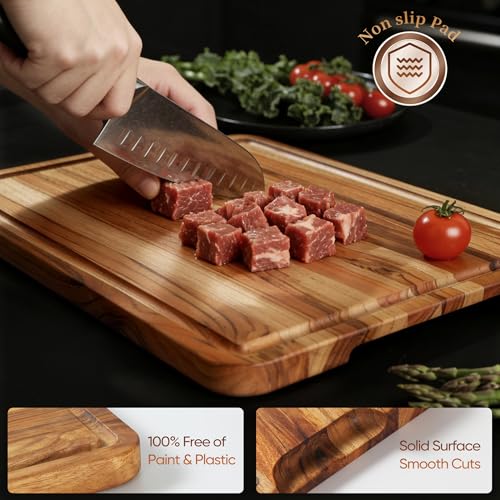 3 Pack Teak Cutting Board Set for Kitchen Wood Charcuterie Board with Juice Groove Wooden Cutting Boards Non Toxic Heavy Duty Slip Over Sink Solid Thick Chopping Board FSC (3 Count)