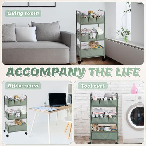 3 Tier Green Baby Diaper Caddy Organizer Cart with 4+3 Dividers Large Capacity Metal Utility Bedside Rolling Cart Newborn Registry Nursery Essential Must Have Crib Bedroom Baby Shower