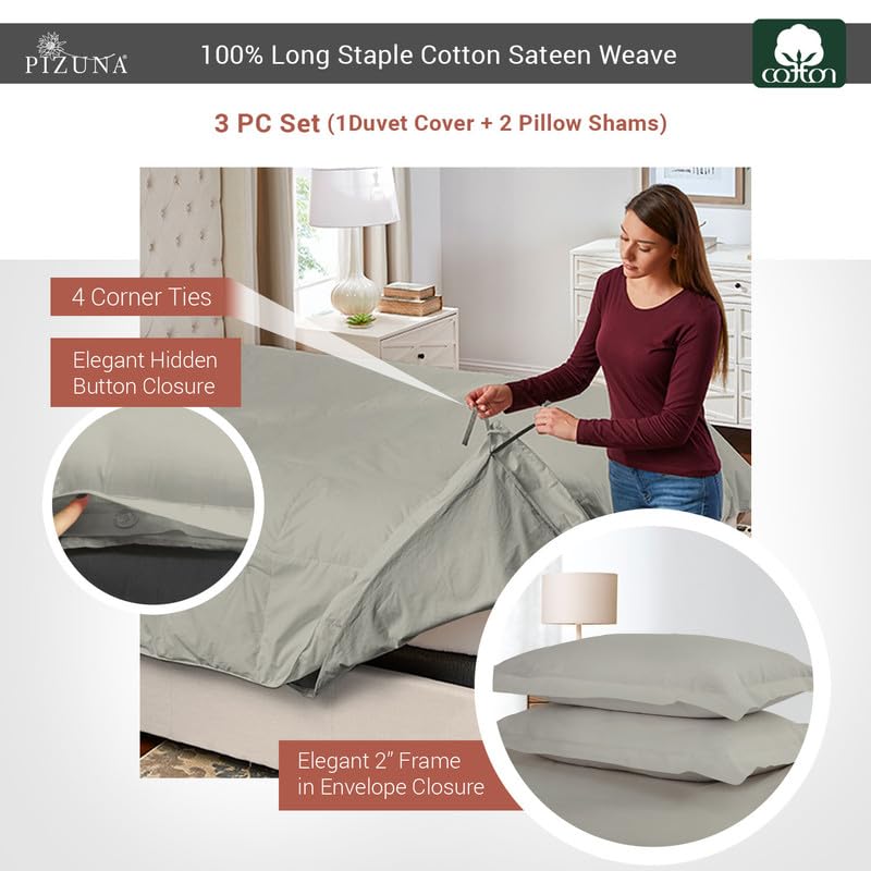 100% Cotton Queen Duvet Cover Set 400 Thread Count Silver