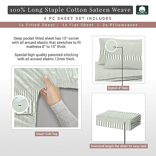 100% Cotton Cascade Stripe Print RV King Sheets Set 400TC Green