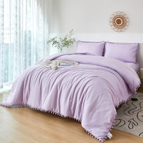 5 Pcs Lavender Pom Pom Comforter Queen Size Boho Luxury Light Purple Bedding Sets for Girls Soft Cozy Solid Bed in A Bag for Women Adults