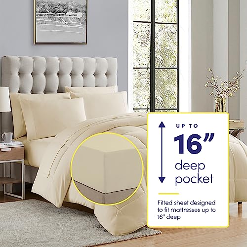 7 Piece Comforter Set Bag Solid Color All Season Soft Down Alternative Blanket & Luxurious Microfiber Bed Sheets (7 Count)