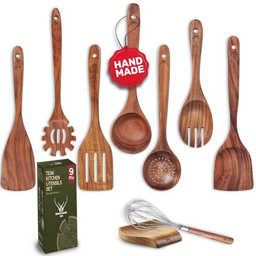 9 Pcs Teak Wooden Spoons for Cooking with Rest (9 Count)