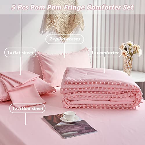 Girls Pink Comforter Set King Size Boho Farmhouse Pom Pom Light Pink Bed Sets Soft Washed Microfiber Lightweight Bed in a Bag for All Seasons
