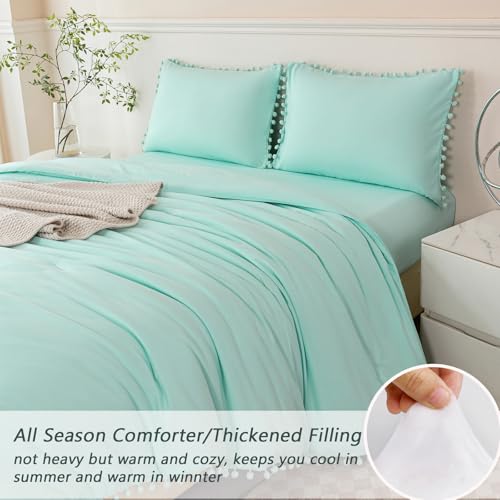 5 Piece Bed in A Bag Queen Size Mint Green Comforter Boho Pom Pom Bedding Comforter Set Soft Fluffy Solid Bedding Set with Sheet for Girls Adults