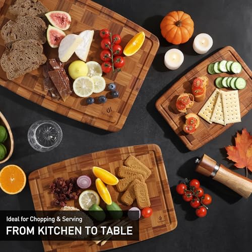 3 Pack Bamboo Cutting Board Set Non Toxic Wooden Cutting Board for Kitchen Non Slip Solid End Grain Thick Wood Juice Groove Chopping Board Edge Grain Teak Smart Marble Flexible Round Stone Metal (3 Count)