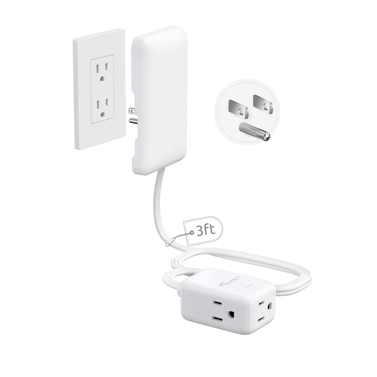 3FT Flat Extension Cord with Outlet Cover