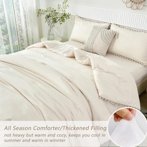 Girls Comforter Set Twin Size Beige Cream 5 Pieces Boho Pom Pom Bed in A Bag with Sheets Ultra Soft Lightweight Fluffy Beige Solid Bedding Set Matching 2 Pillowcases