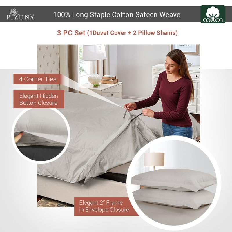 100% Cotton Queen Duvet Cover Set 400 Thread Count Ash Grey