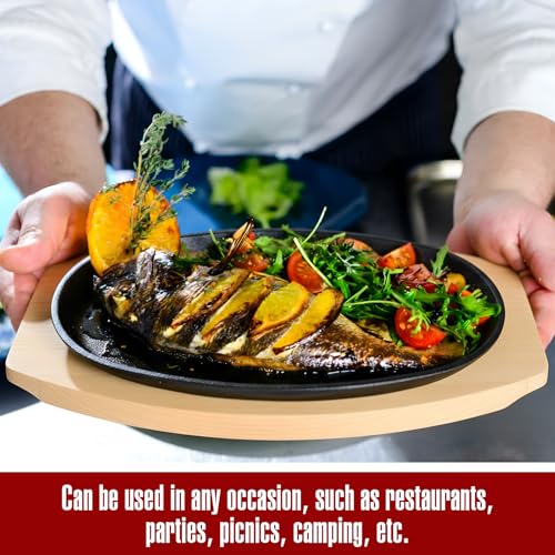 2 Pieces Oval Cast Iron Fajita Skillet Pan Set Small Sizzling Steak Plate with Wooden Base and Handle Cast Iron Fajita Skillet Sizzling Plate for Home Restaurant BBQ (2 Count)