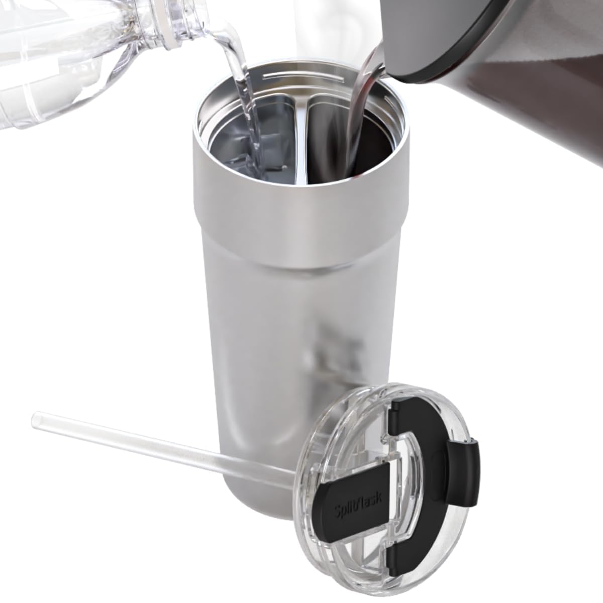 2-in-1 Hot & Cold Vacuum Insulated 30oz Tumblers, Stainless Steel Dual Chamber, Leak-Proof Lid, BPA-Free, Fits Cup Holder, Travel Coffee Mug, Split Cup, 2 Drink, 2 Sides, Coffee & Water (Silver)