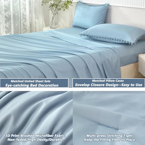 5 Pcs Grayish Blue Bed in A Bag Twin Aesthetic Boho Comforter with Pom Pom Soft Fluffy Light Blue Solid Bedding Quilt Set for Girls Boys