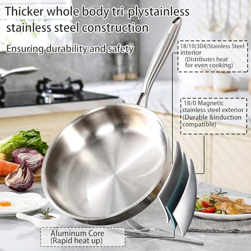 Tri ply Stainless Steel Frying Pan with Lid 10.3Inch