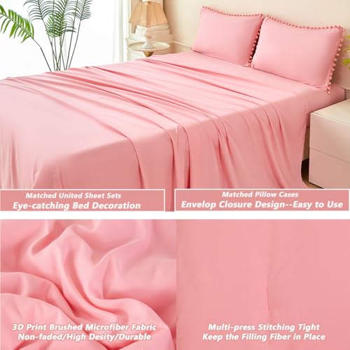 Coral Pink Comforter Set Twin Size 5 Pieces Pom Pom Fringe Solid Bedding Set for Girls Kids Bedroom Soft Fluffy Down Alternative Boho Bed in a Bag with Sheets