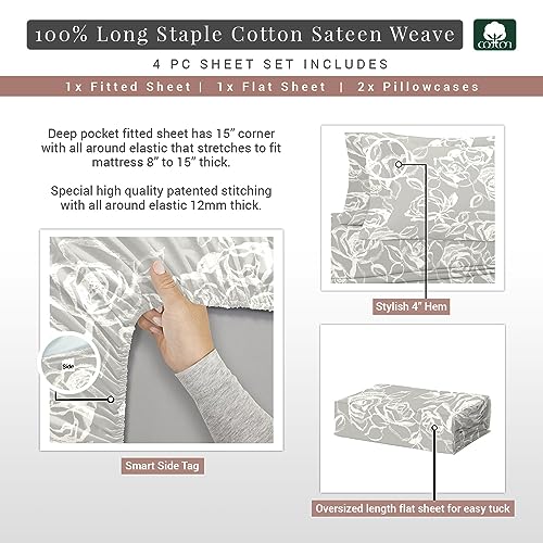 100% Cotton Simply Floral Print RV Queen Sheets Set 400TC Silver