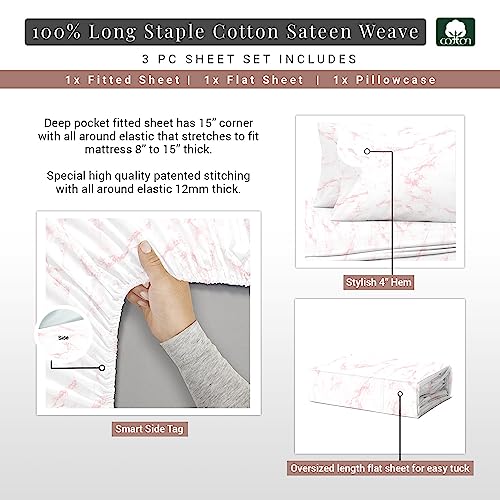 100% Cotton Carrara Marble Print Twin Sheets Set 400TC Pink