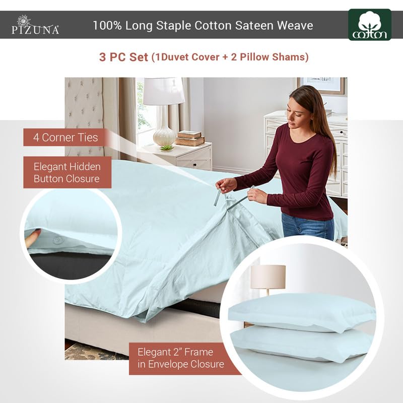 100% Cotton Queen Duvet Cover Set 400 Thread Count Baby Blue