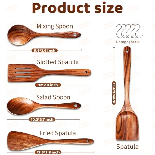 5 PCs Teak Wooden Utensil Set with Hooks (5 Count)