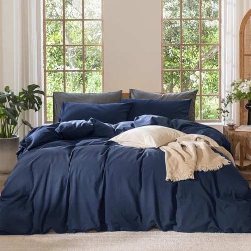 Duvet Cover Set 100% Washed Cotton Linen Like Queen (3 Count)