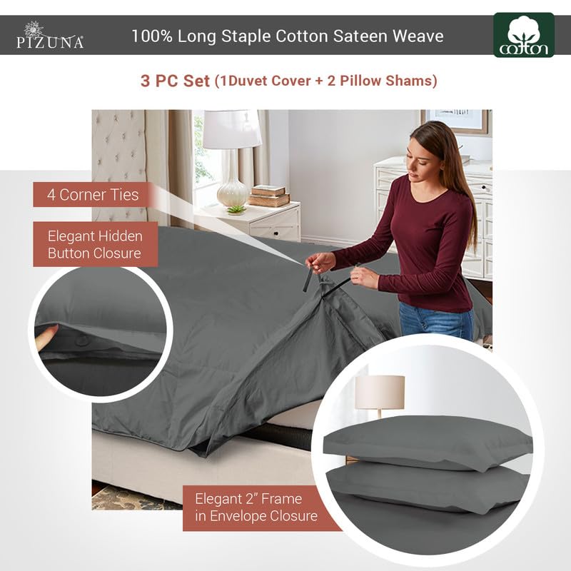 100% Cotton Full Duvet Cover Set 400 Thread Count Dark Grey