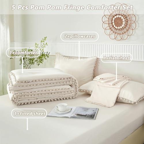 Girls Comforter Set Twin Size Beige Cream 5 Pieces Boho Pom Pom Bed in A Bag with Sheets Ultra Soft Lightweight Fluffy Beige Solid Bedding Set Matching 2 Pillowcases