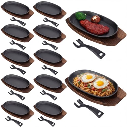 12 Pcs Oval Cast Iron Fajita Skillet Pan Set Small Sizzling Steak Plate with Wooden Base and Handle Cast Iron Fajita Skillet Sizzling Plate for Home Resturant (12 Count)