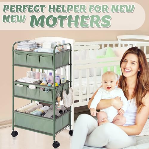 3 Tier Green Baby Diaper Caddy Organizer Cart with 4+3 Dividers Large Capacity Metal Utility Bedside Rolling Cart Newborn Registry Nursery Essential Must Have Crib Bedroom Baby Shower
