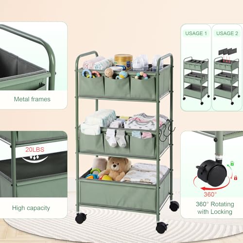 3 Tier Green Baby Diaper Caddy Organizer Cart with 4+3 Dividers Large Capacity Metal Utility Bedside Rolling Cart Newborn Registry Nursery Essential Must Have Crib Bedroom Baby Shower