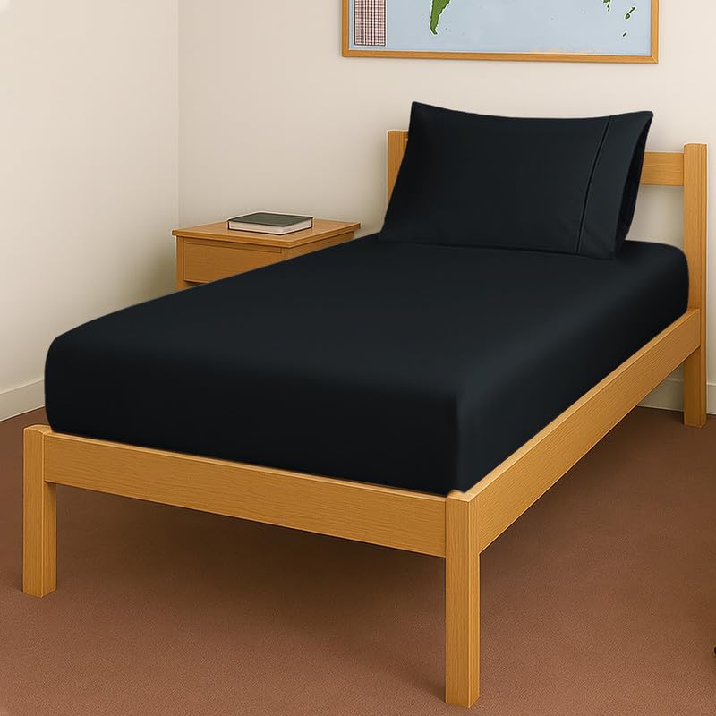 Cotton Twin XL Fitted Sheet + 2 Pillowcases Set 400TC Black