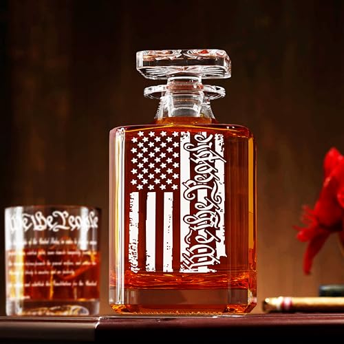 Whiskey Decanter Engraved We The People American Flag Decanter Set with 2 Glasses for Liquor Scotch Bourbon or Wine (3 Count)