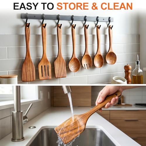 7 Acacia Wood Cooking Utensils Set Large Wooden Spoons for Cooking Spatula (7 Count)