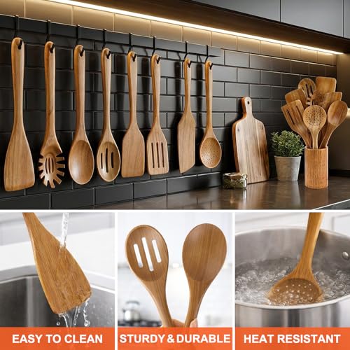 9 Pcs Wooden Kitchen Utensils Set with Holder Cooking Spoons Wood Spatula (9 Count)