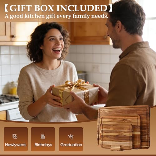 3 Pack Teak Cutting Board Set for Kitchen Wood Charcuterie Board with Juice Groove Wooden Cutting Boards Non Toxic Heavy Duty Slip Over Sink Solid Thick Chopping Board FSC (3 Count)