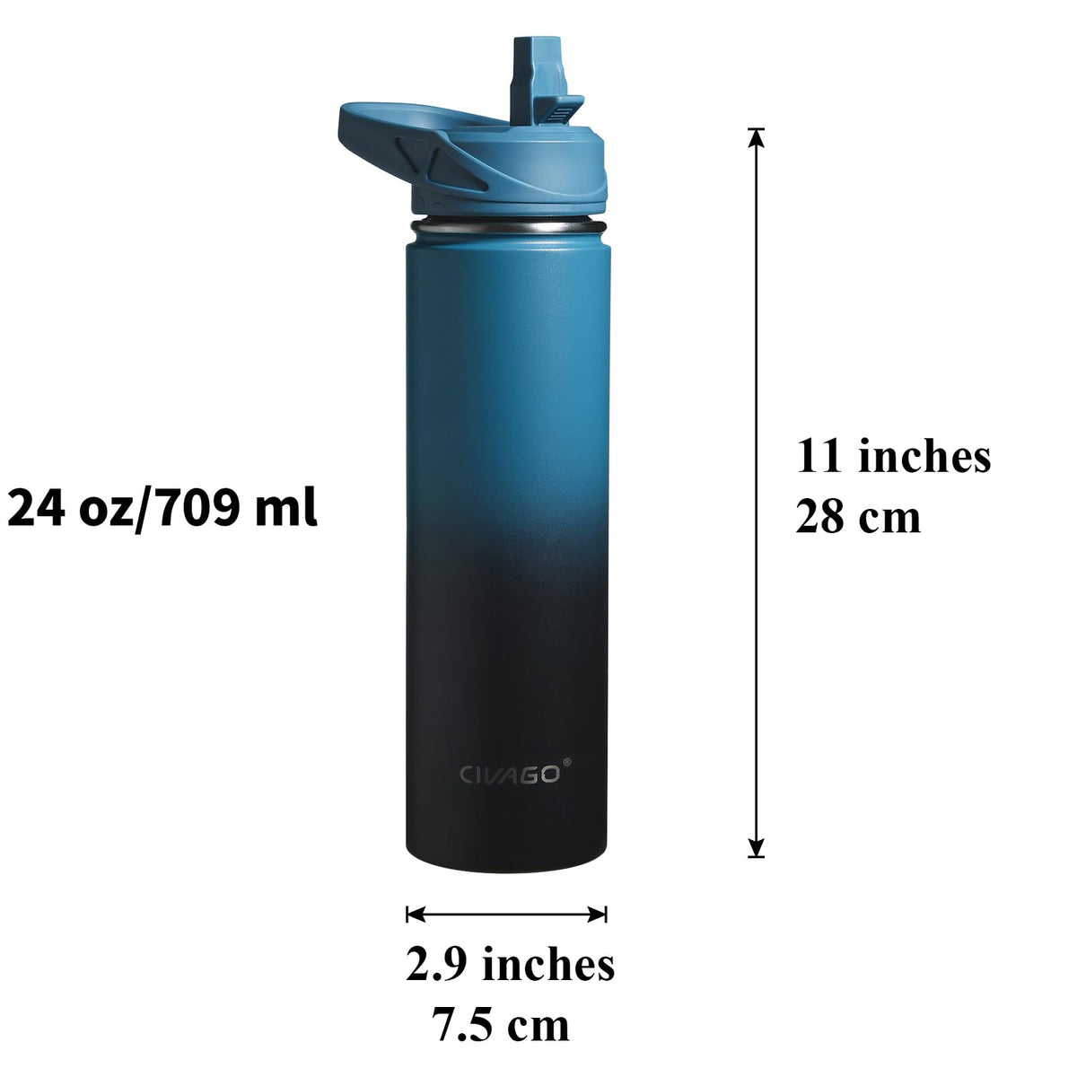 24 oz Insulated Stainless Steel Water Bottle With Straw and 3 Lids