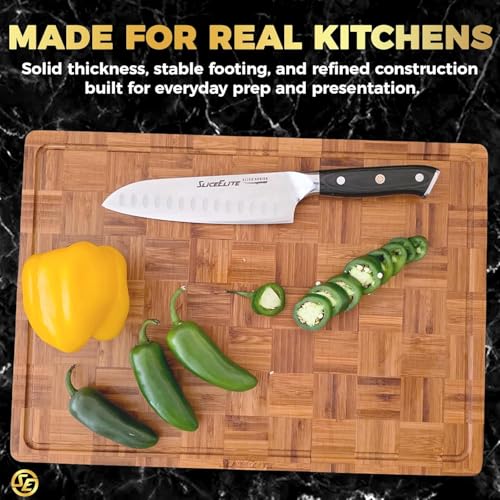 Extra Large Bamboo Cutting Board Set 3 Piece End Grain Wooden Chopping Boards with Holder Non Slip Feet Juice Groove XL Butcher Block Style Boards for Kitchen Carving and Serving