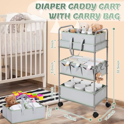 2in1 Colorful Baby Diaper Caddy Organizer Cart 3 Tier Large Capacity Metal Utility Bedside Rolling Cart with Divider for Newborn Nursery Essential Must Have Crib Bedroom Baby Shower (9 Count)