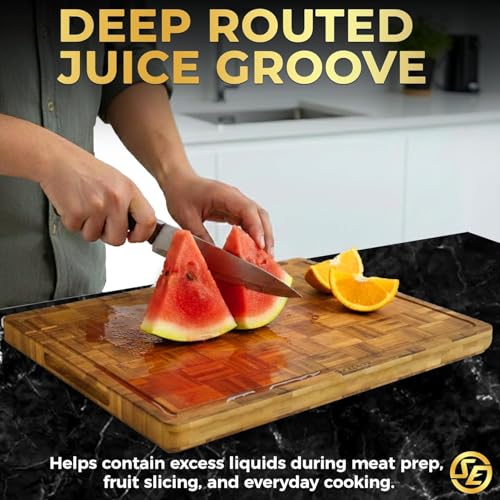 Extra Large Bamboo Cutting Board Set 3 Piece End Grain Wooden Chopping Boards with Holder Non Slip Feet Juice Groove XL Butcher Block Style Boards for Kitchen Carving and Serving
