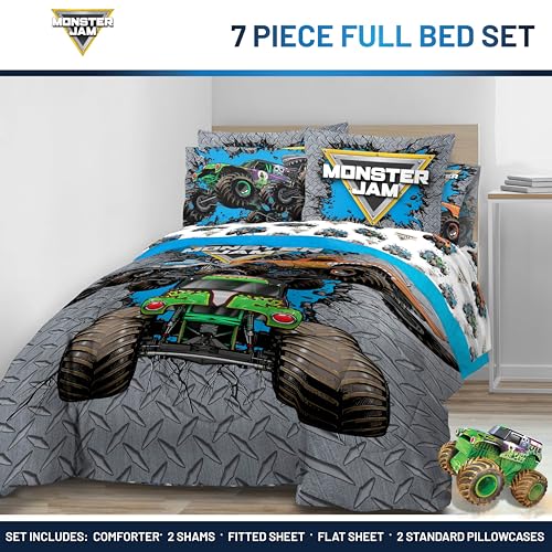 Monster Jam Full Size Comforter Set 7 Piece Kids Bedding for Boys