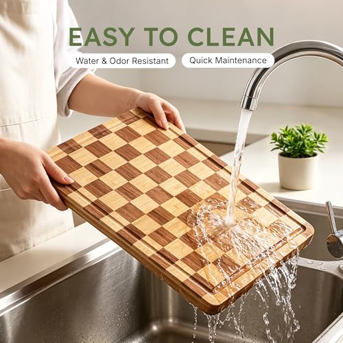 24”Extra Large Bamboo Cutting Boards for Kitchen Wooden Checkered Cutting Board Heavy Duty Butcher Block Healthy End Grain Charcuterie Board Non Slip XXXL Wood Over Sink Decorative Chopping Board
