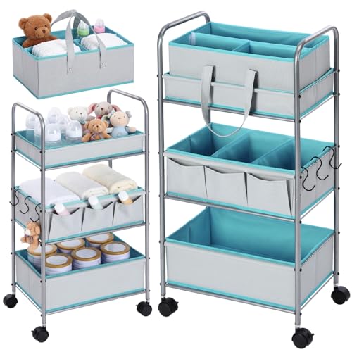 2in1 Colorful Baby Diaper Caddy Organizer Cart 3 Tier Large Capacity Metal Utility Bedside Rolling Cart with Divider for Newborn Nursery Essential Must Have Crib Bedroom Baby Shower (9 Count)