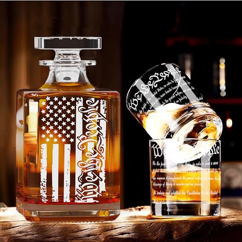 Whiskey Decanter Engraved We The People American Flag Decanter Set with 2 Glasses for Liquor Scotch Bourbon or Wine (3 Count)