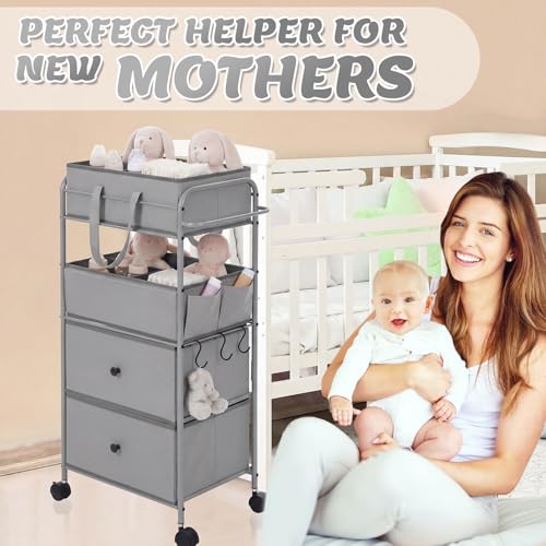 3In1 Baby Diaper Caddy Organizer Cart 4 Tier Large Capacity Metal Utility Bedside Rolling Cart with Divider Newborn Registry Nursery Essential Must Have Bedroom Gift Baby Shower