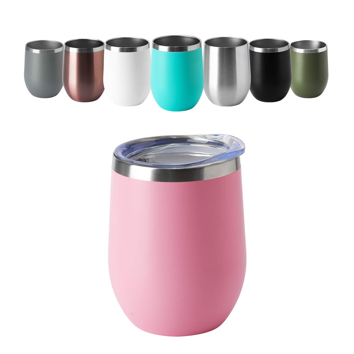 12oz Wine Tumbler with Lid Stemless Wine Glasses Double Wall Vacuum Travel Mugs stainless steel Coffee Cup for Cold & Hot Drinks Wine Coffee Cocktails Beer 6 Pack Pink (6 Count)
