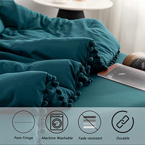 5 Pcs Boho Bed in a Bag Queen Teal Boho Chic Pom Pom Fringe Comforter for Girls Women Ultra Soft Lightweight Bedding with Sheet Set for All Season