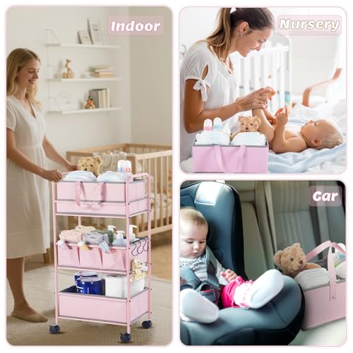 2in1 Baby Diaper Caddy Organizer Cart 3 Tier Large Capacity Metal Utility Bedside Rolling Cart with Divider Newborn Registry Nursery Essential Must Have Crib Bedroom Baby Shower (2 Count)