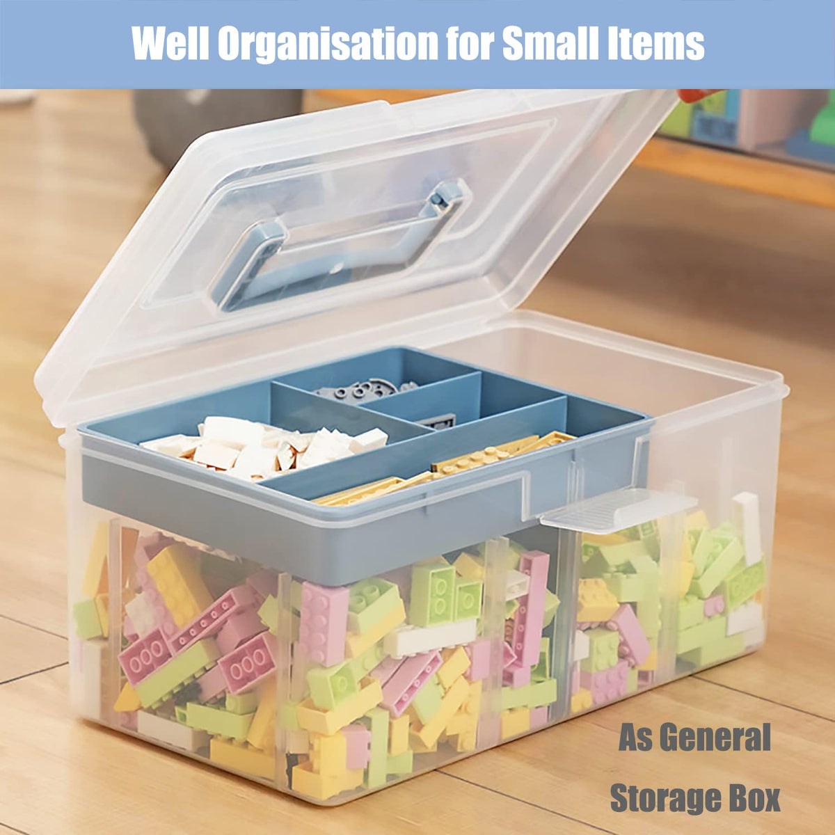 Clear Plastic Arts & Craft Supplies Organizer Box Large with a Removable Tray & A Partition & Handle