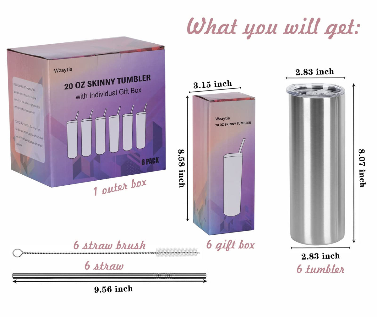 6 Pack 20 Oz Straight Skinny Tumblers (6 Count)