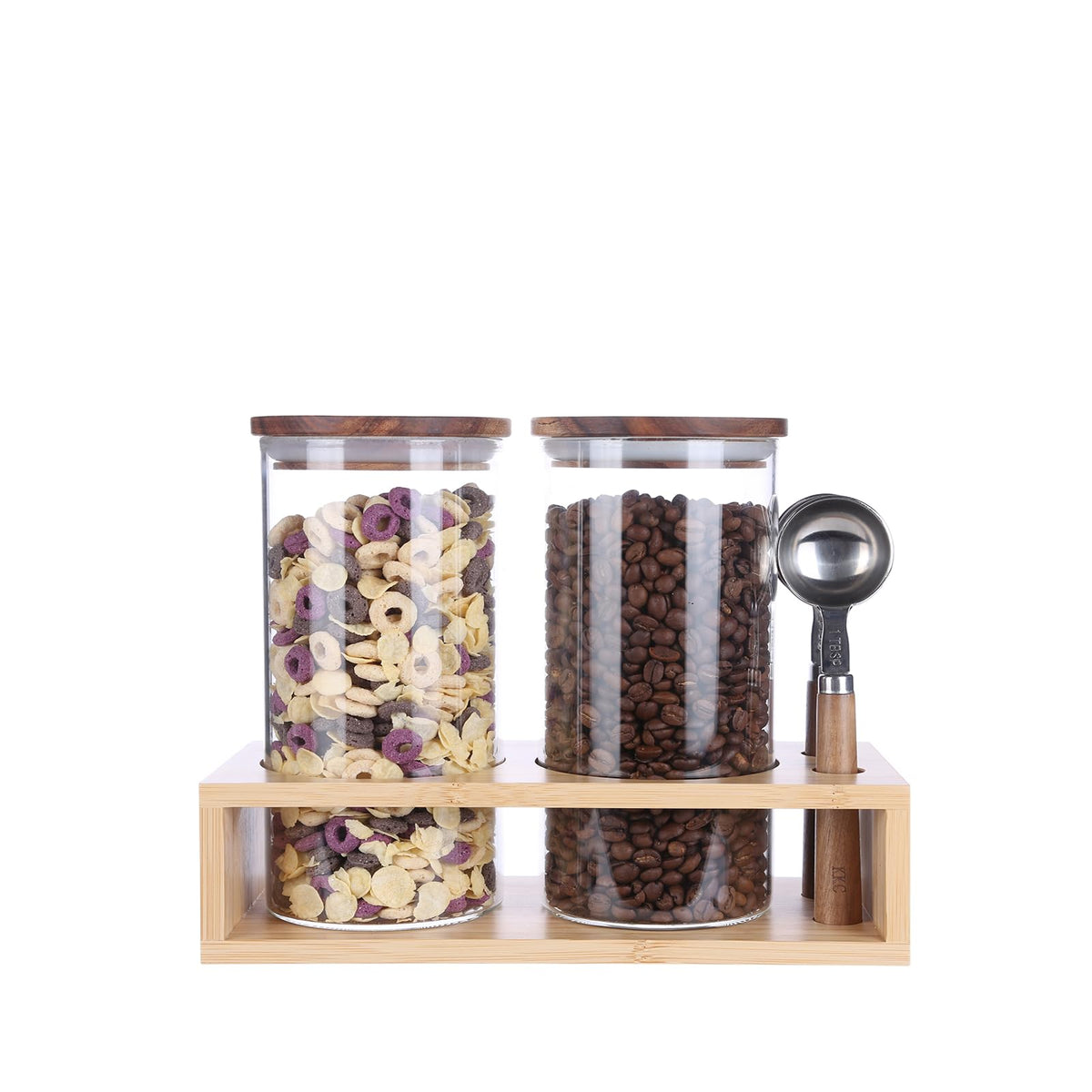 KKC HOME ACCNETS Glass Canister Set with Bamboo Rack & Scoops (2 Count)